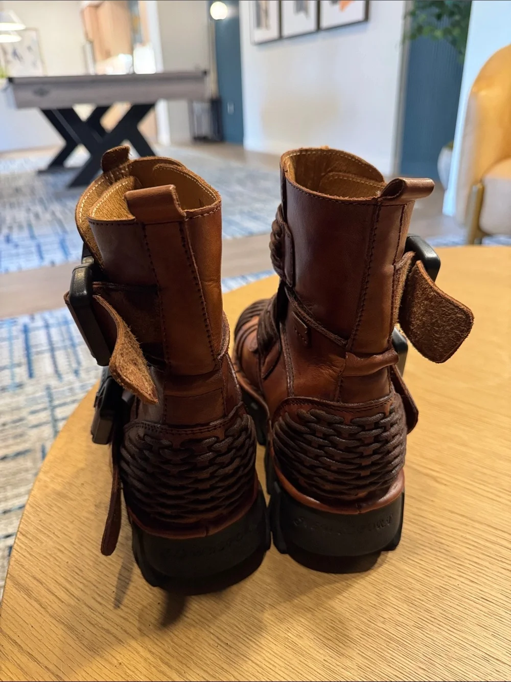 Women's Tan Woven Leather Moto Combat Boots - Picture 6 of 12